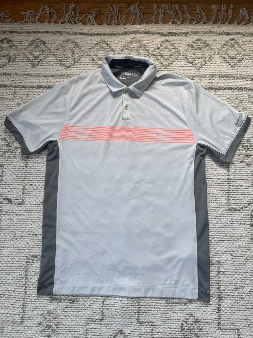 Nike Light Gray Polo with Pink Stripe and Dark Gray Panels Golf
